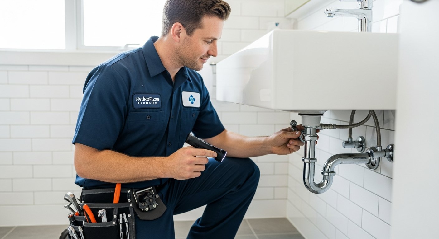Professional emergency plumber repairing pipes in a Headingley terrace house kitchen